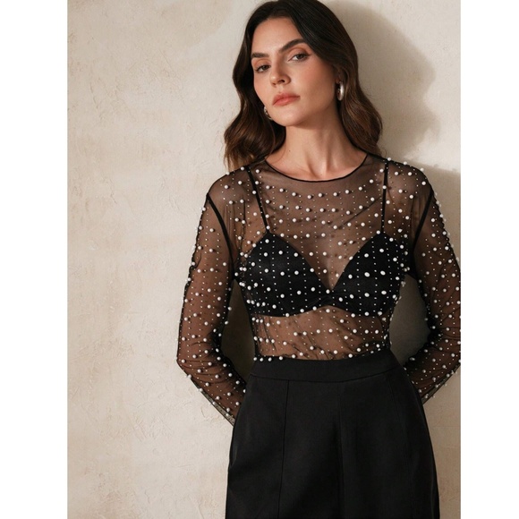 Beaded Black Sheer Mesh Long Sleeve Shirt with Faux Pearls and Sparkles - Picture 4 of 10